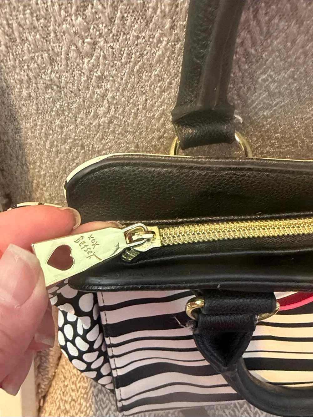 RARE Betsey Johnson Black & White Striped Purse with Pink Bow